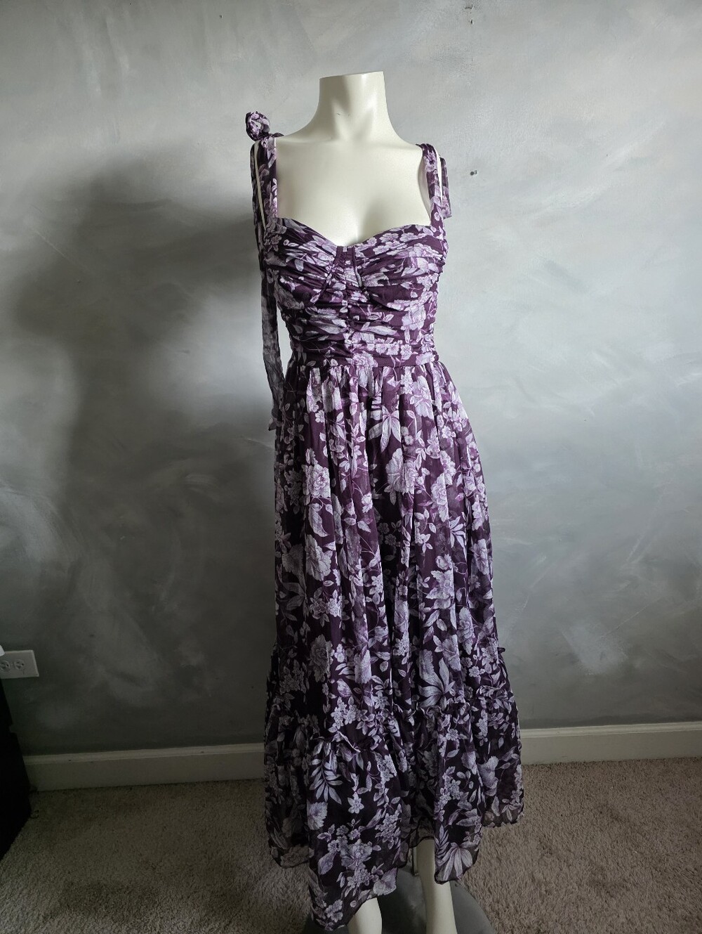 Alex & Sophia Purple Floral Print Chiffon Fit Flare Midi Dress Sweetheart Sz 7/8